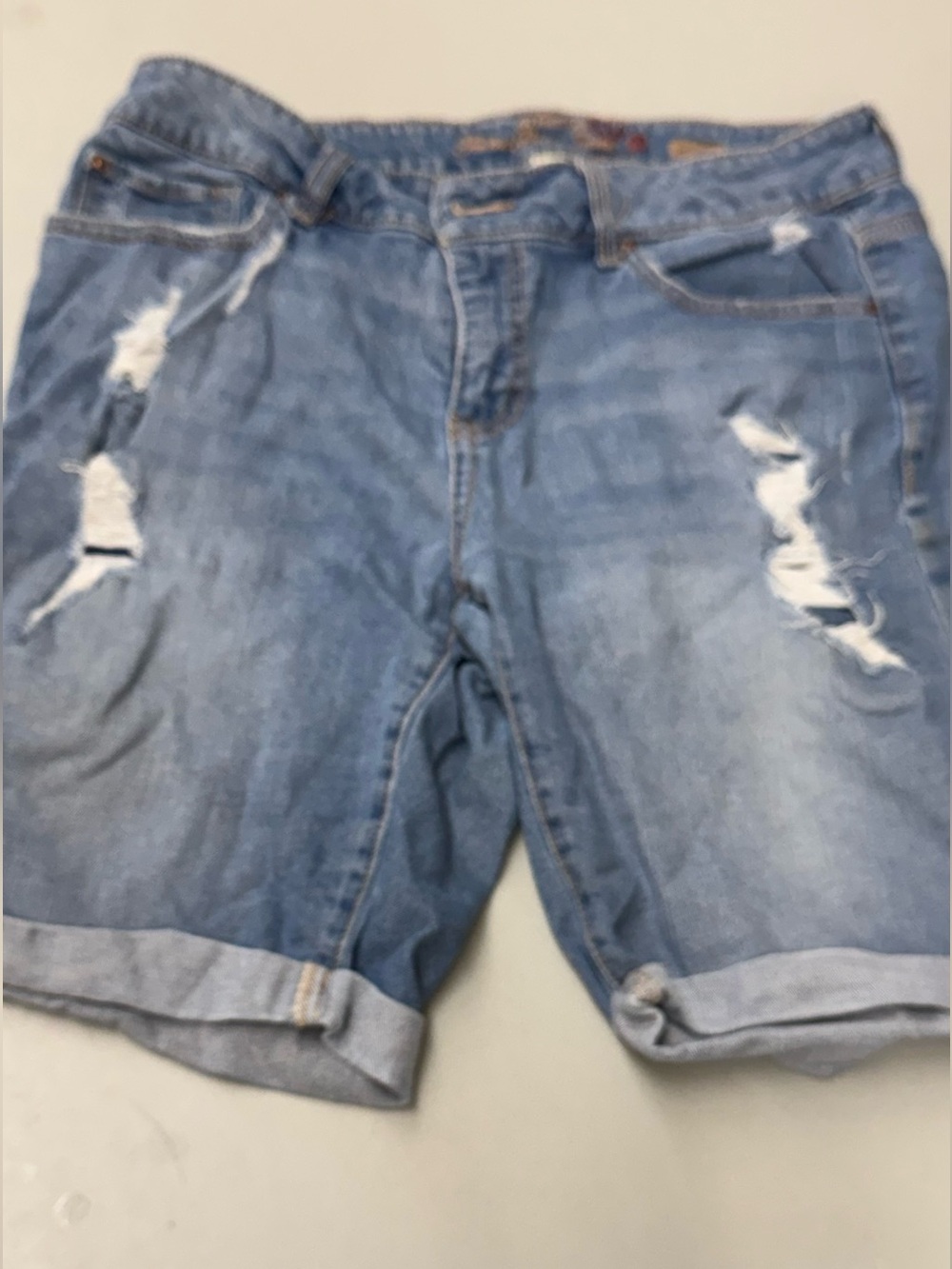 Faded Glory Woman’s Light Blue Distressed Bermuda Denim Jean Shorts